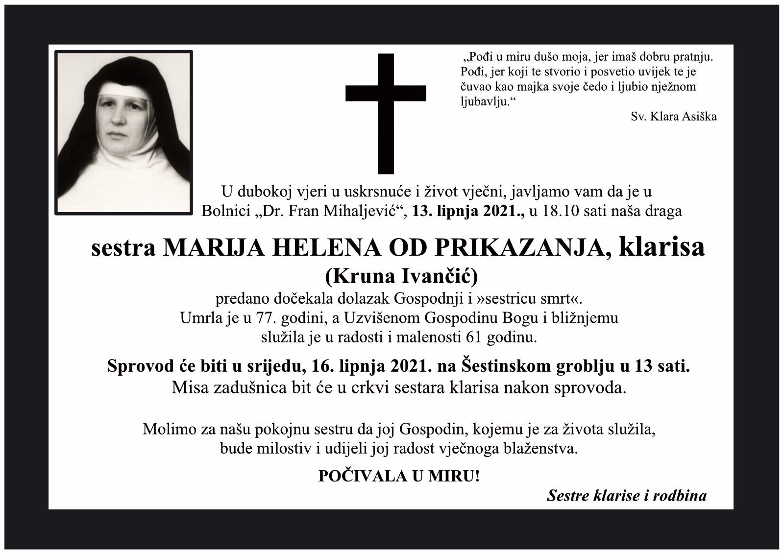 Preminula naša draga s. M. Helena Ivančić