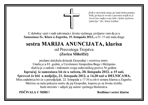 Osmrtnica s Anuncijata klarisa