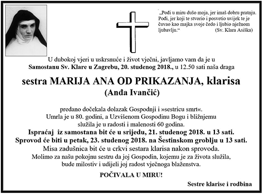 Preminula s. M. Ana od Prikazanja